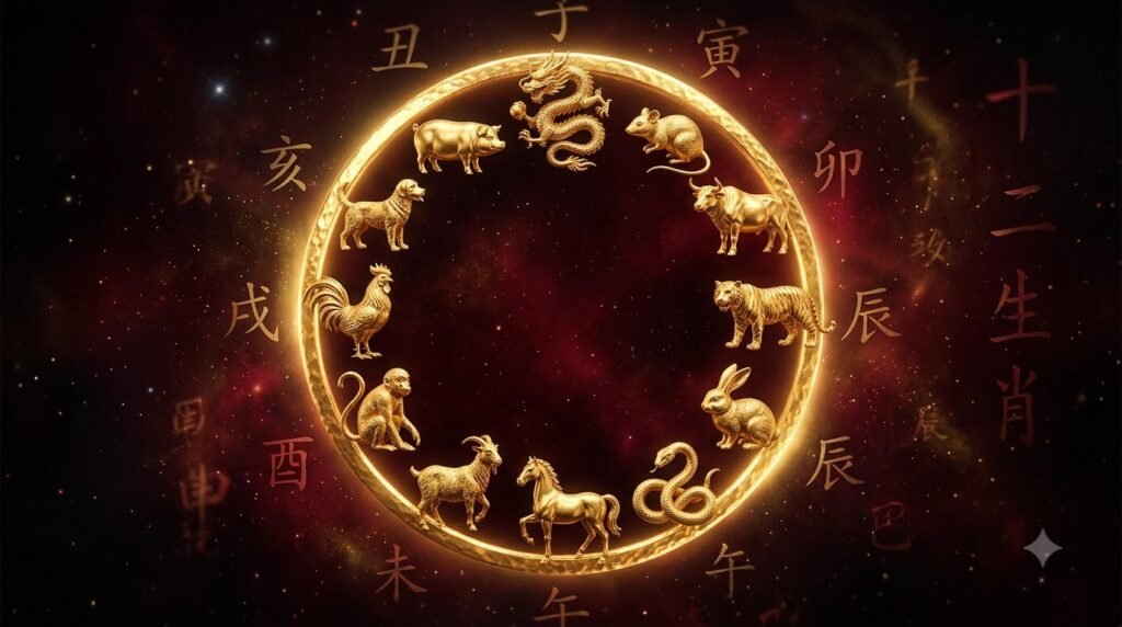 Zodiac Magic Chinese zodiac calculator with 12 golden animal symbols on deep red and gold background
