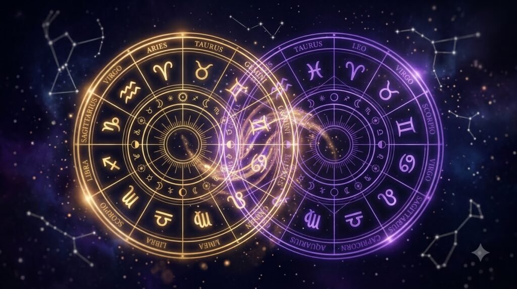 Zodiac Magic cusp sign calculator showing two merging zodiac wheels in gold and violet