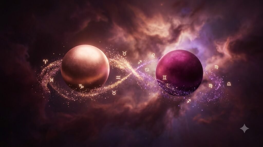Zodiac Magic love compatibility calculator with two celestial orbs connected by stardust