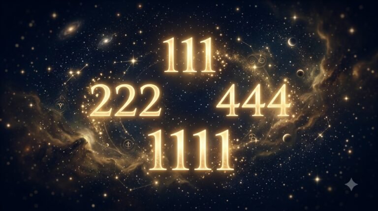 Angel numbers guide with glowing number sequences and cosmic background