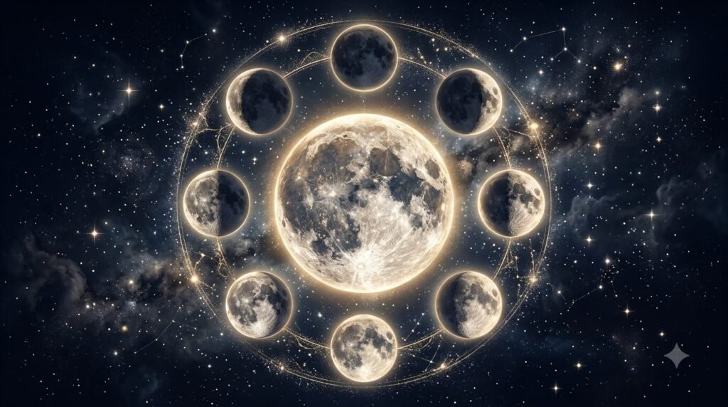 Birth moon phase guide with 8 lunar phases and glowing moon