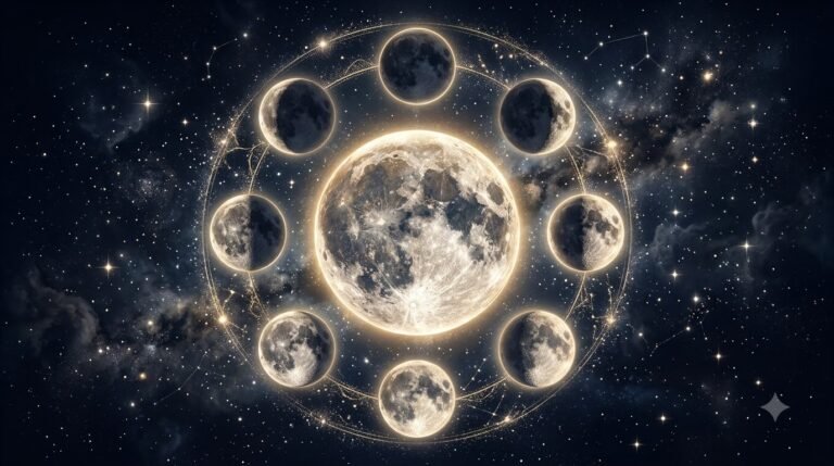 Birth moon phase guide with 8 lunar phases and glowing moon