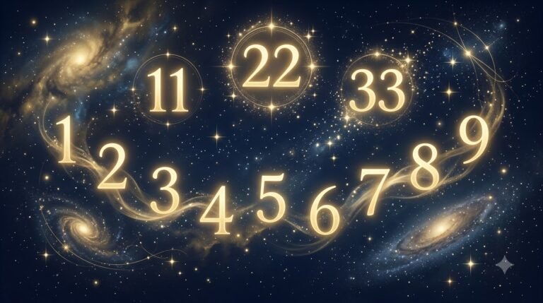 Life Path Number guide with glowing numerology digits and cosmic background