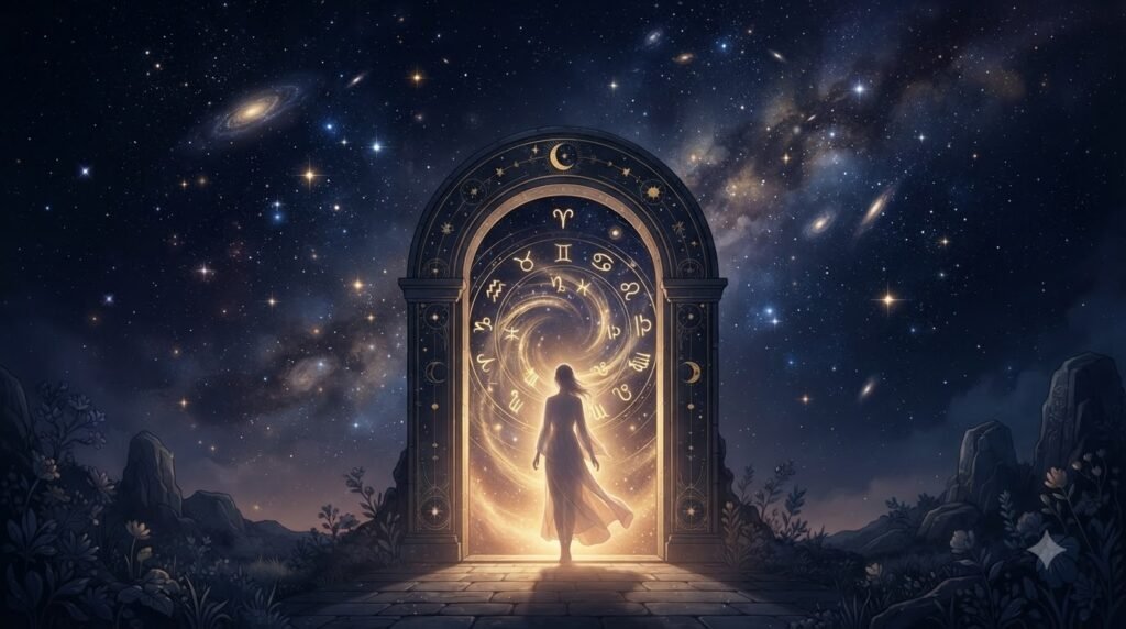 Rising sign meaning guide with doorway and starlit silhouette
