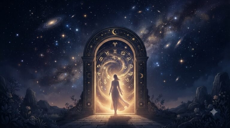 Rising sign meaning guide with doorway and starlit silhouette
