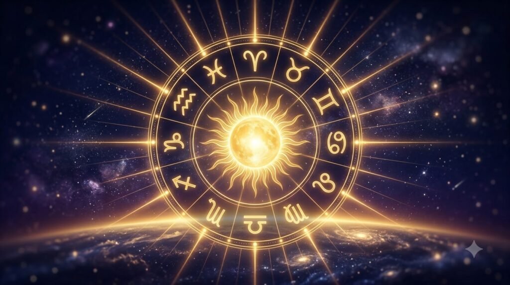 Sun sign meaning guide with golden sun and zodiac compass