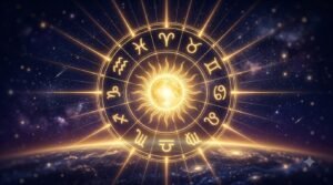 Sun sign meaning guide with golden sun and zodiac compass