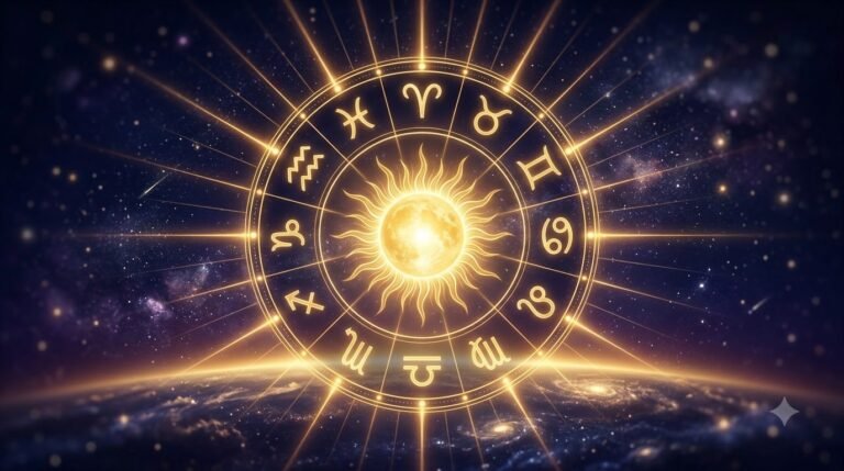 Sun sign meaning guide with golden sun and zodiac compass
