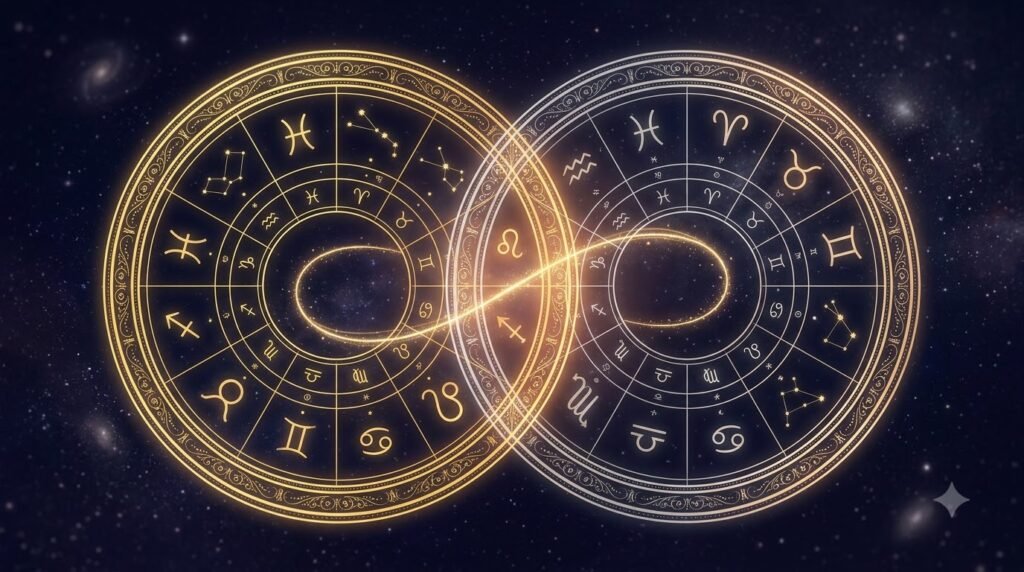 Synastry chart explained guide with two overlapping zodiac wheels