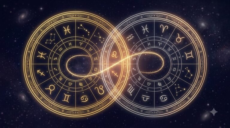 Synastry chart explained guide with two overlapping zodiac wheels