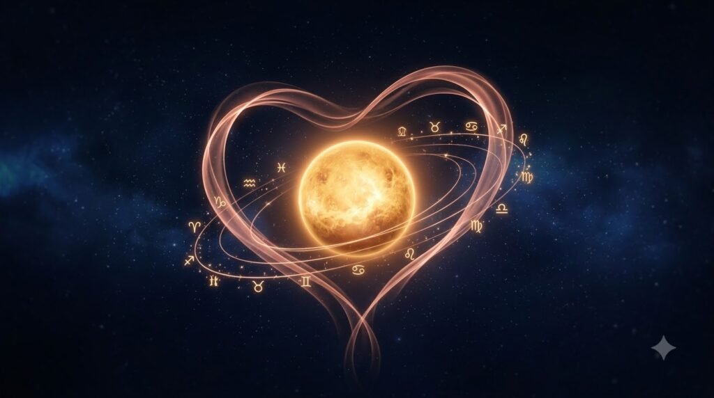 Venus sign meaning guide with golden planet and rose-gold light ribbons