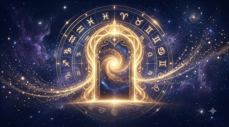 Vertex in astrology guide with glowing cosmic doorway of fate