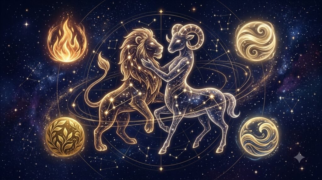 Zodiac compatibility calculator guide with two constellation figures and four elements