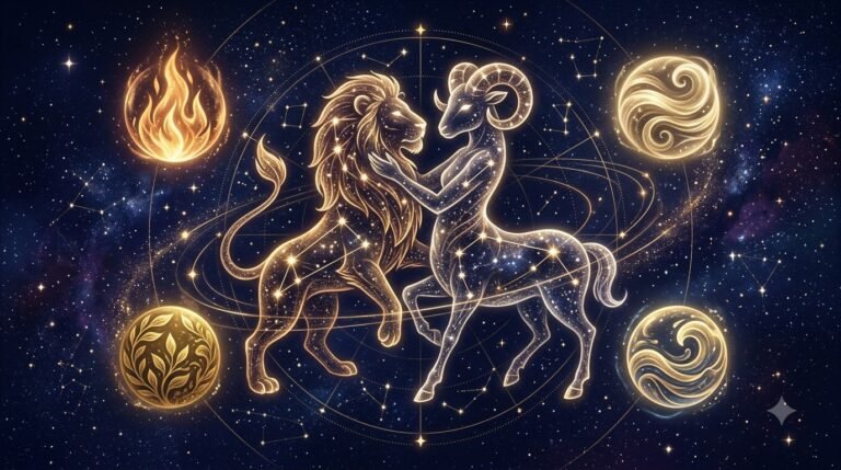 Zodiac compatibility calculator guide with two constellation figures and four elements