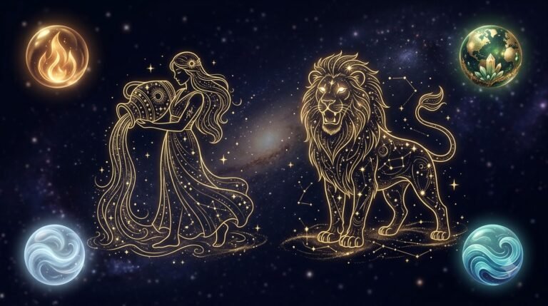 Zodiac friendship compatibility guide with two constellation figures and four elements