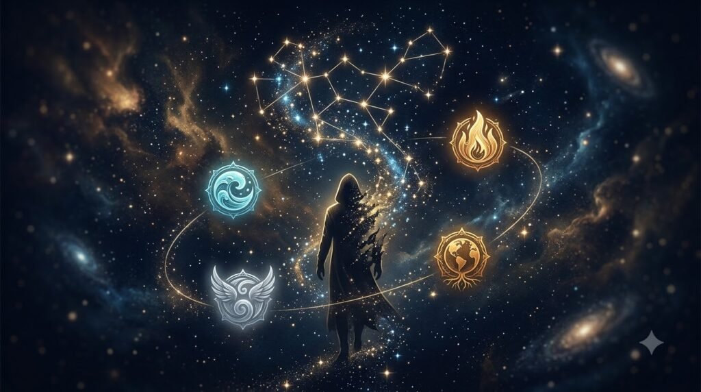 Zodiac ghosting calculator guide with fading constellation and elemental symbols