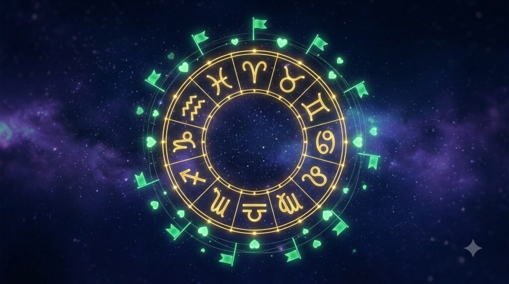 Zodiac green flags guide with constellation symbols and glowing green flags