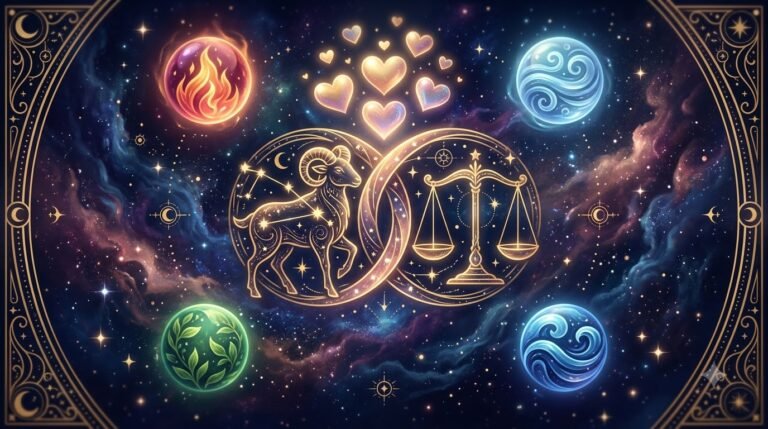 Zodiac love compatibility guide with intertwined constellation figures and four elements