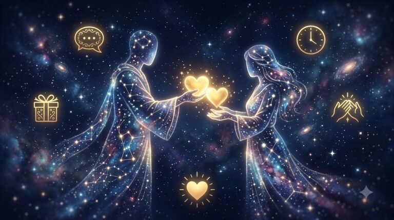Zodiac love language guide with constellation figures and love language symbols