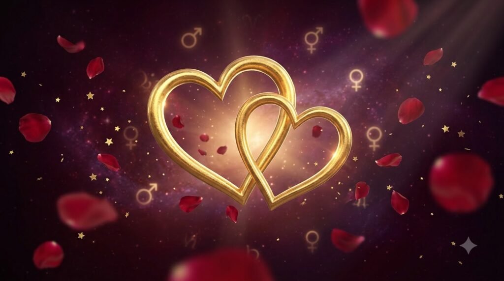 Zodiac bedroom compatibility guide with two intertwined hearts on burgundy cosmic background