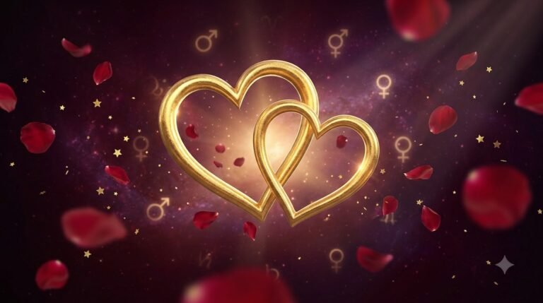 Zodiac bedroom compatibility guide with two intertwined hearts on burgundy cosmic background