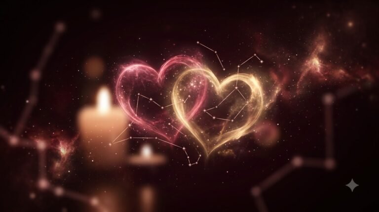 Zodiac bedroom compatibility guide with two intertwined hearts on burgundy cosmic background