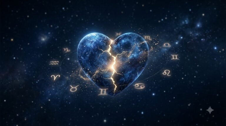 Zodiac breakup recovery guide with glowing healing heart and cosmic background