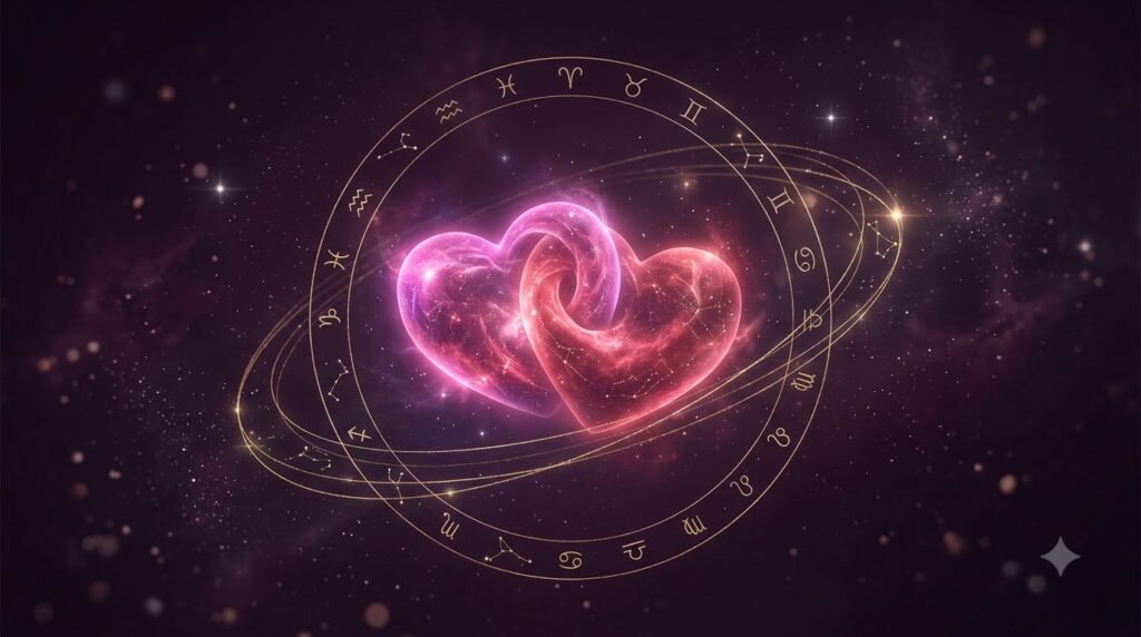 Zodiac compatibility calculator with two intertwined glowing hearts and zodiac symbols