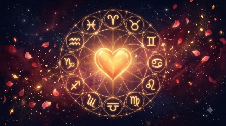 Zodiac dating style guide with zodiac symbols and romantic cosmic background