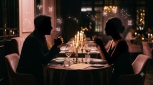 Zodiac dating style guide with romantic candlelit couple and zodiac symbols