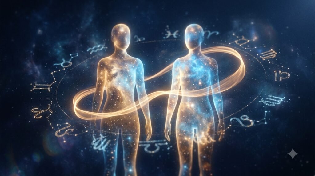 Zodiac friendship compatibility guide with two celestial figures connected by golden light