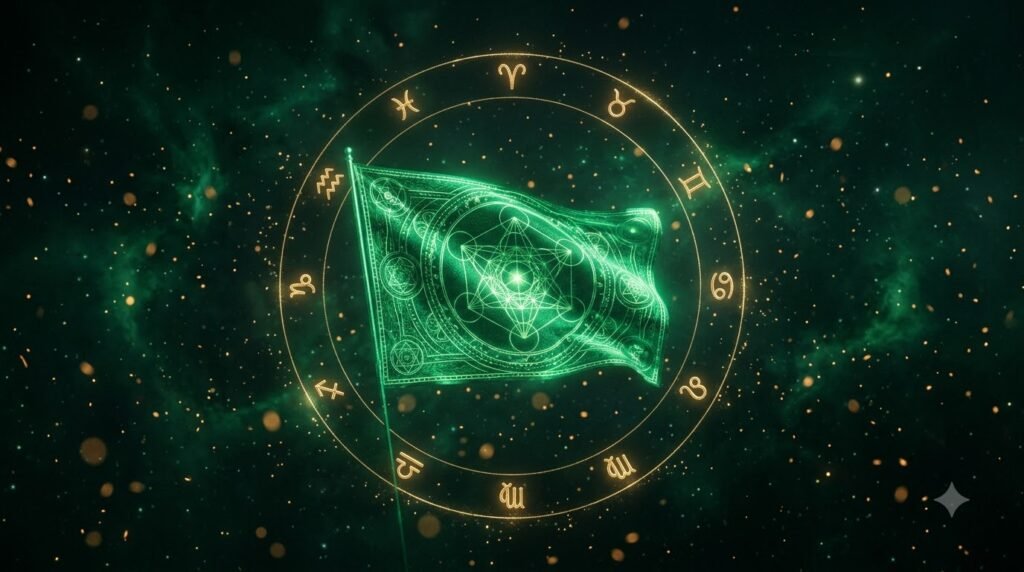 Zodiac green flags guide with glowing emerald flag and zodiac symbols on cosmic background