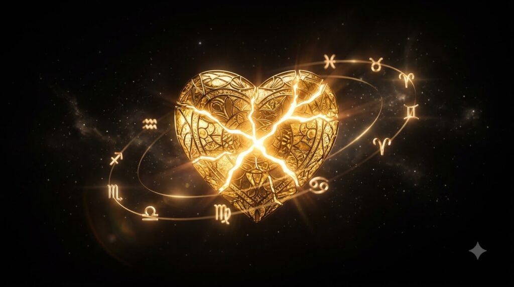 Zodiac jealousy calculator with glowing golden cracked heart on cosmic background