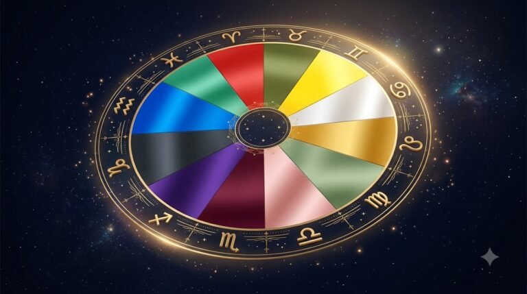 Zodiac lucky color guide with rainbow palette and zodiac symbols on cosmic background