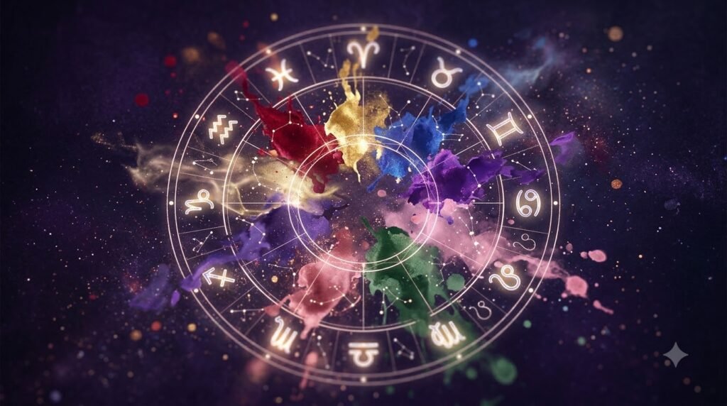 Zodiac lucky color calculator with cosmic color wheel and zodiac symbols