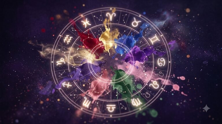 Zodiac lucky color calculator with cosmic color wheel and zodiac symbols