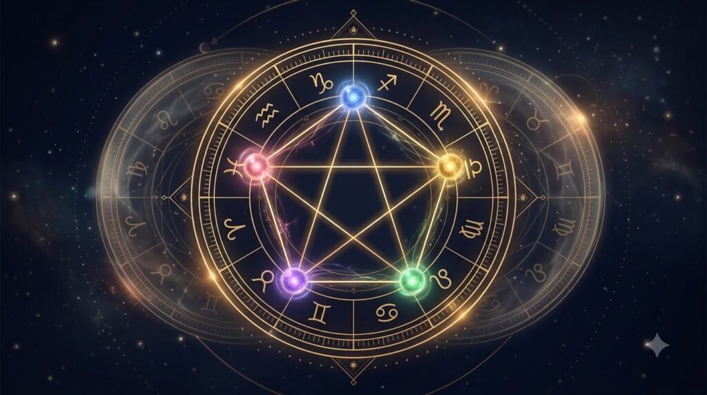 Zodiac relationship score guide with multi-dimensional compatibility chart