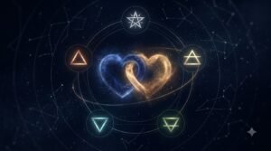 Zodiac Relationship Score: A Deeper Way to Measure Compatibility 3 Zodiac relationship score calculator with two interlocked hearts and five elemental symbols