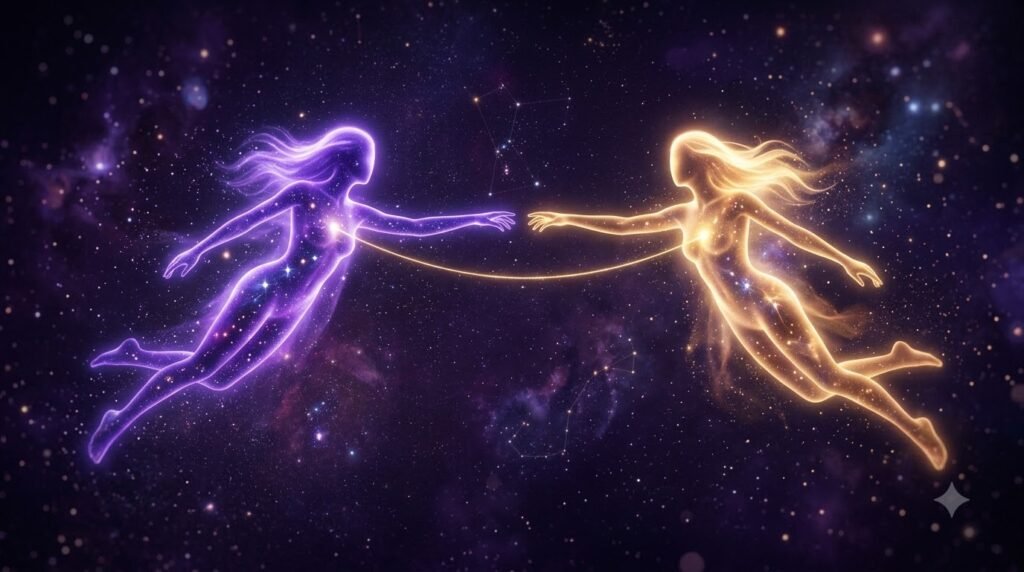 Zodiac soulmate calculator with two celestial figures connected by a golden thread
