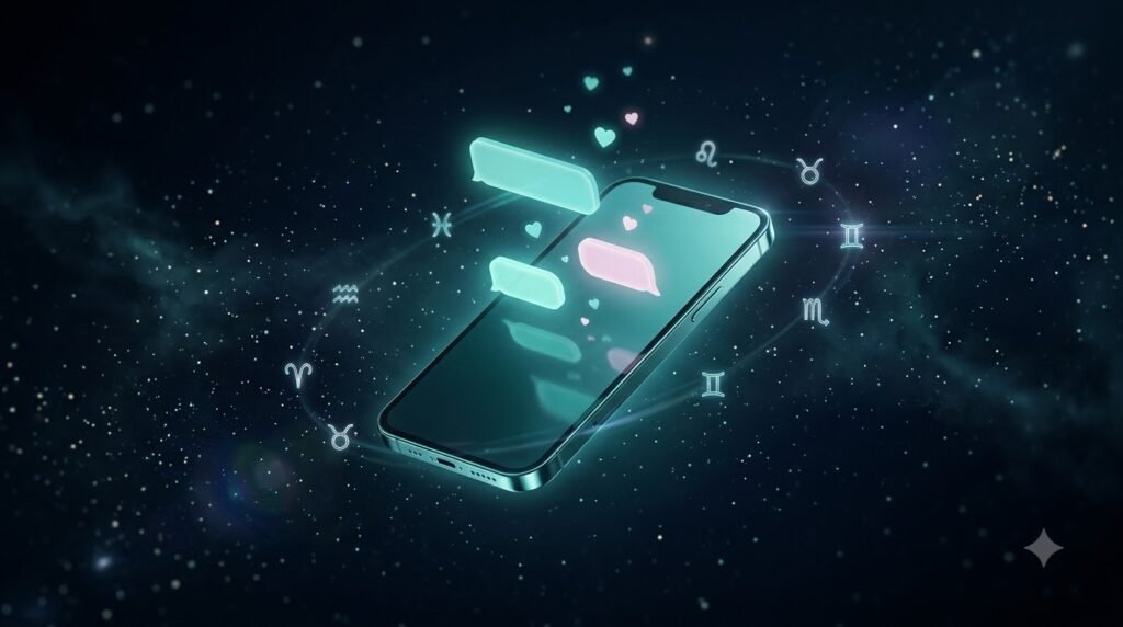 Zodiac texting style guide with glowing smartphone and cosmic chat bubbles