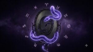 Zodiac Magic toxic traits guide with glowing serpent and mirror on cosmic background