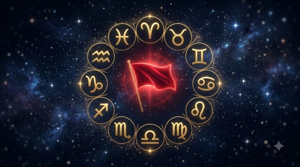 Zodiac red flags guide with constellation symbols and glowing red flag