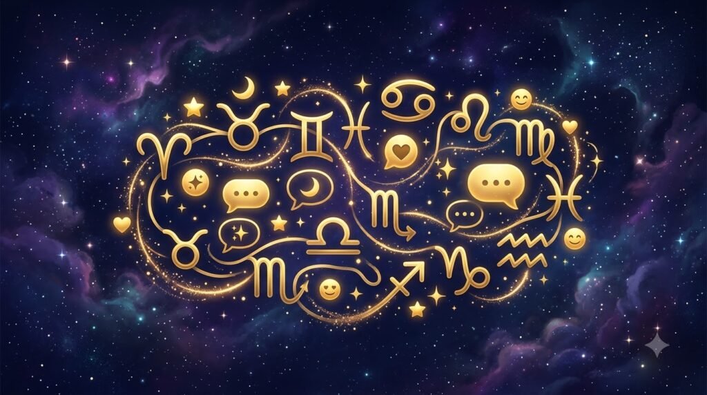Zodiac texting style guide with constellation symbols and chat bubbles
