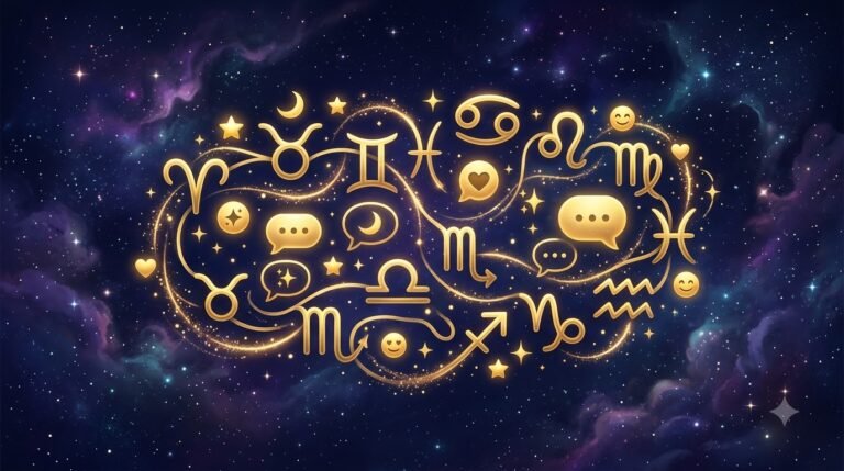 Zodiac texting style guide with constellation symbols and chat bubbles