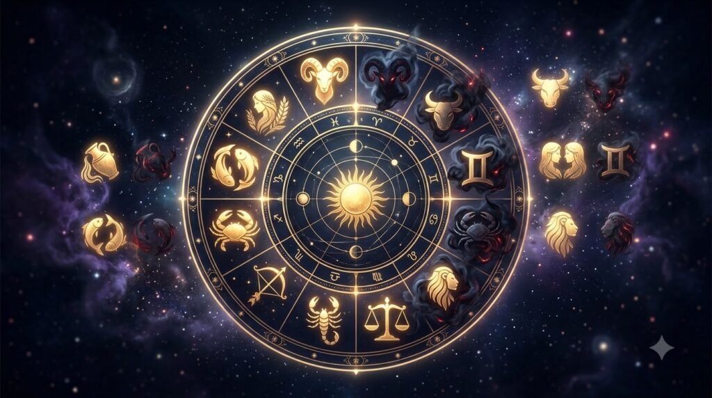 Zodiac toxic traits guide by zodiac sign with shadow and light symbolism