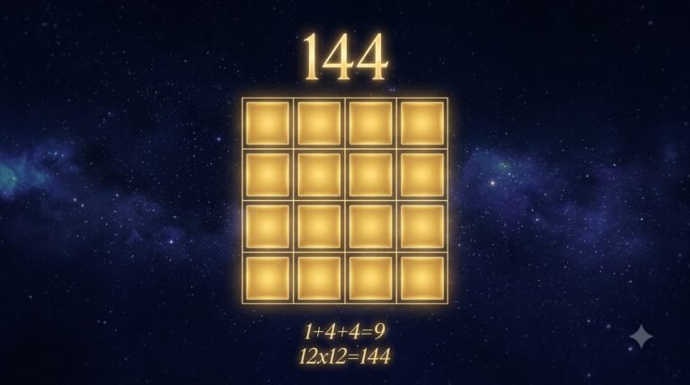 Angel number 144 sealed grid guide with cosmic 12x12 pattern and numerology