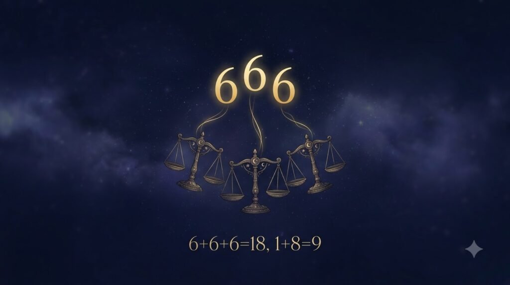 Angel number 666 recalibration guide with three balanced scales and numerology