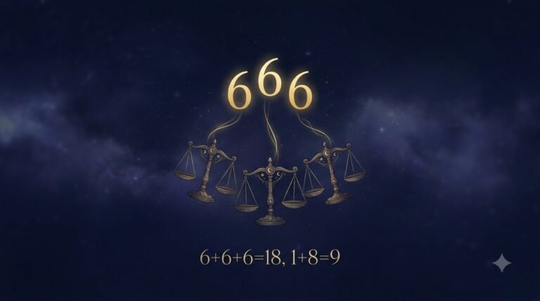 Angel number 666 recalibration guide with three balanced scales and numerology