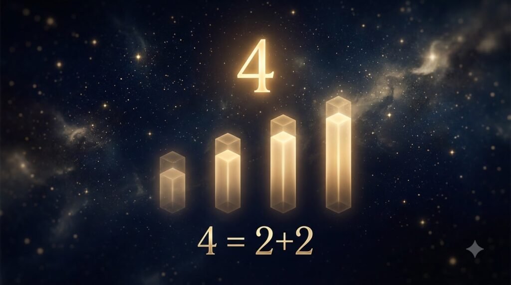 Number 4 numerology — the Builder archetype with four golden cornerstone blocks forming a foundation