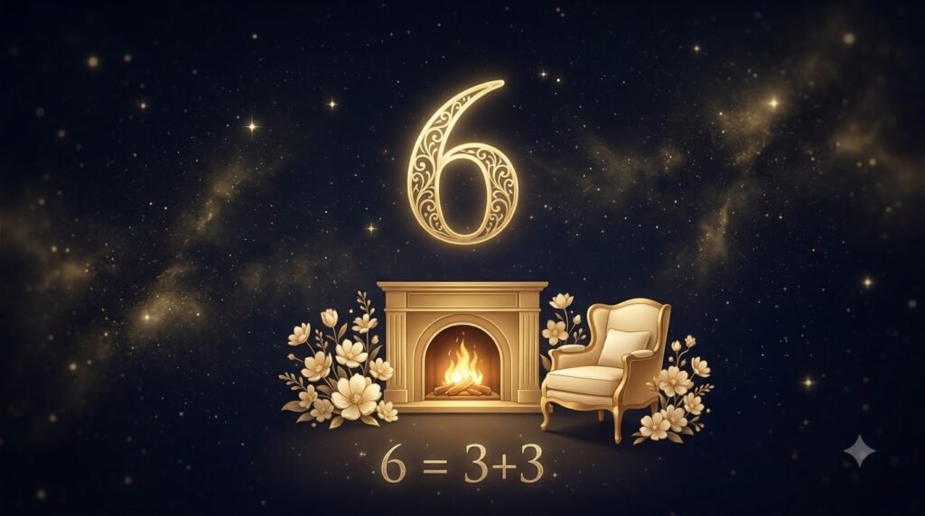 Number 6 numerology — the Nurturer archetype with golden hearth and warm fire